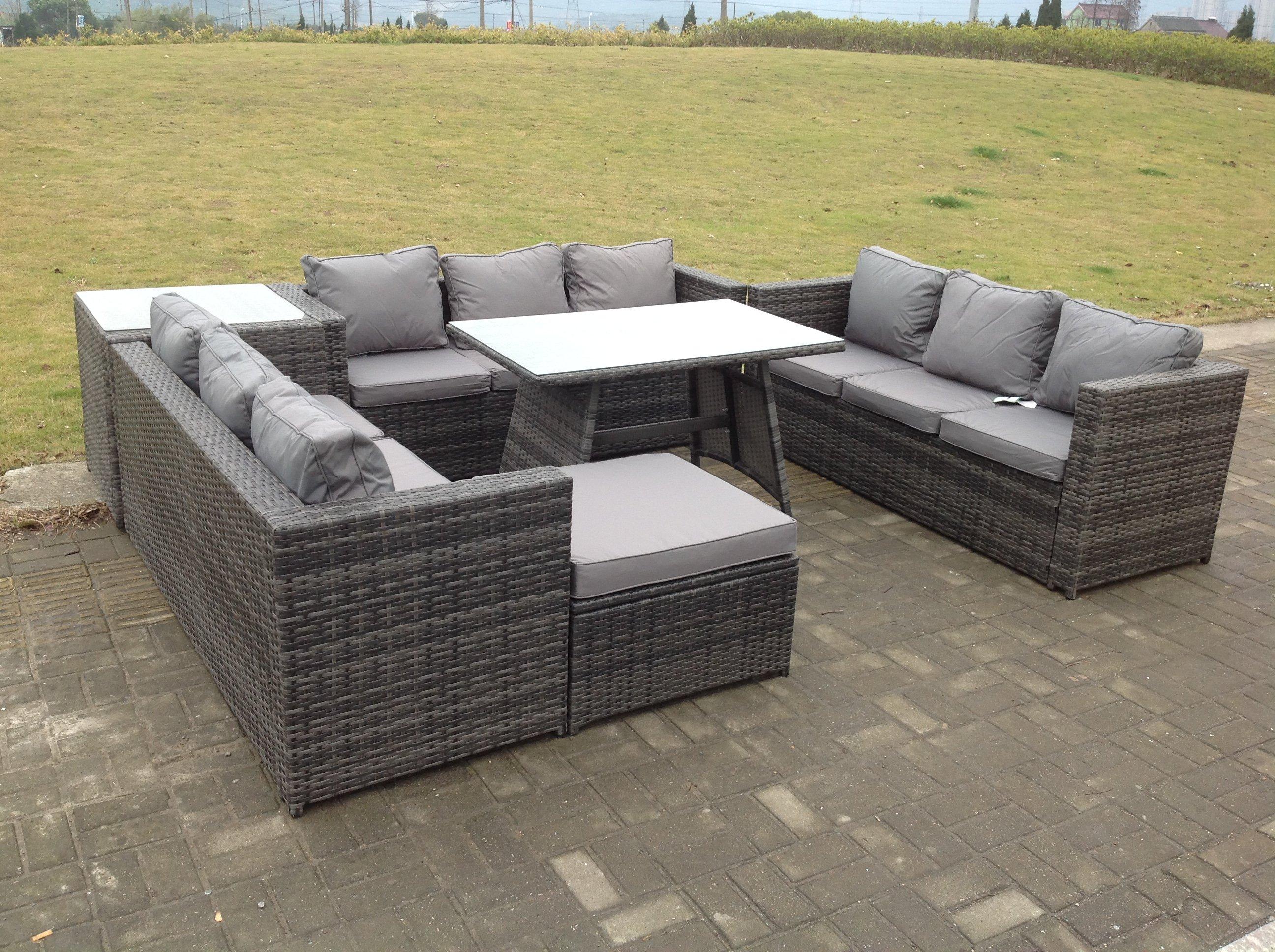 Outdoor Rattan Garden Furniture Lounge Sofa Set With Oblong Dining Table Side Coffee Table And Big F